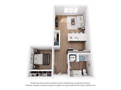 a stylized floor plan with a bedroom and a bathroom
